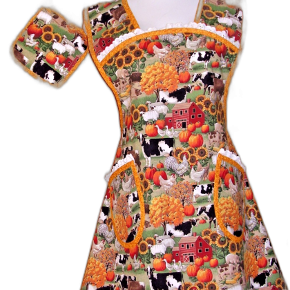 Handmade Bib Kitchen Apron - Autumn Farm Cows & Sunflowers