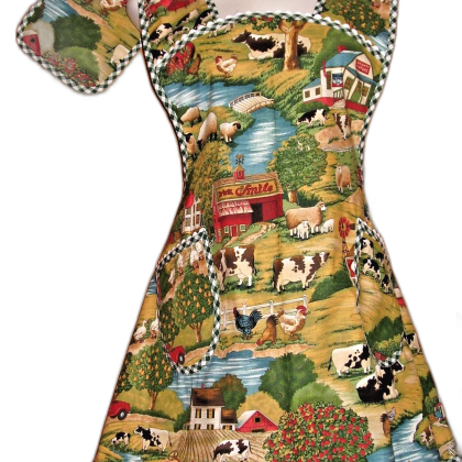 Handmade Bib Kitchen Apron - Country Town Farm Cows & Chickens