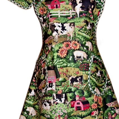 Handmade Bib Kitchen Apron - Farm Cows Chickens & Sunflowers